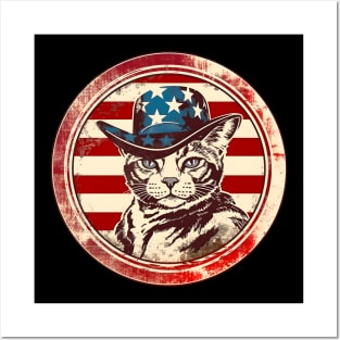 Cat in Hat Retro American USA Flag 4th July Pop Art Cat Lovers Posters and Art